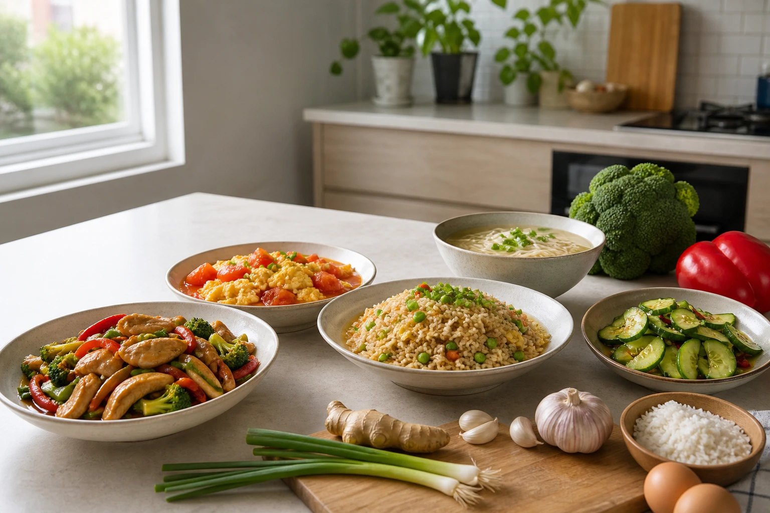 Homemade Chinese dishes on a bright kitchen counter