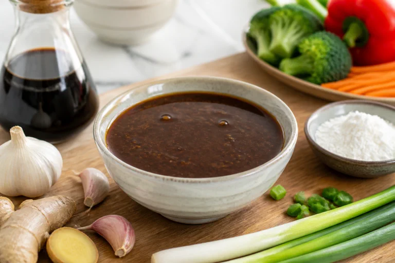 Glossy Chinese stir-fry sauce in a small bowl with garlic, ginger, green onion, soy sauce, and cornstarch nearby