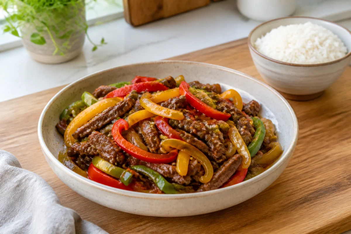 Beef and bell pepper stir-fry with sliced beef, colorful peppers, and rice