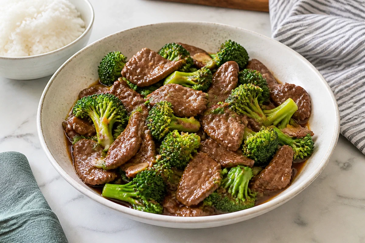 Beef and broccoli stir-fry in glossy brown sauce with rice