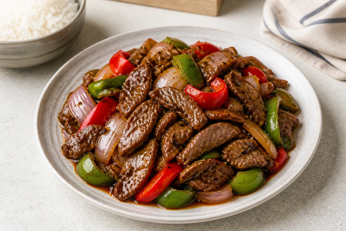 Black pepper beef stir-fry with thin beef strips, bell pepper, onion, and glossy dark sauce