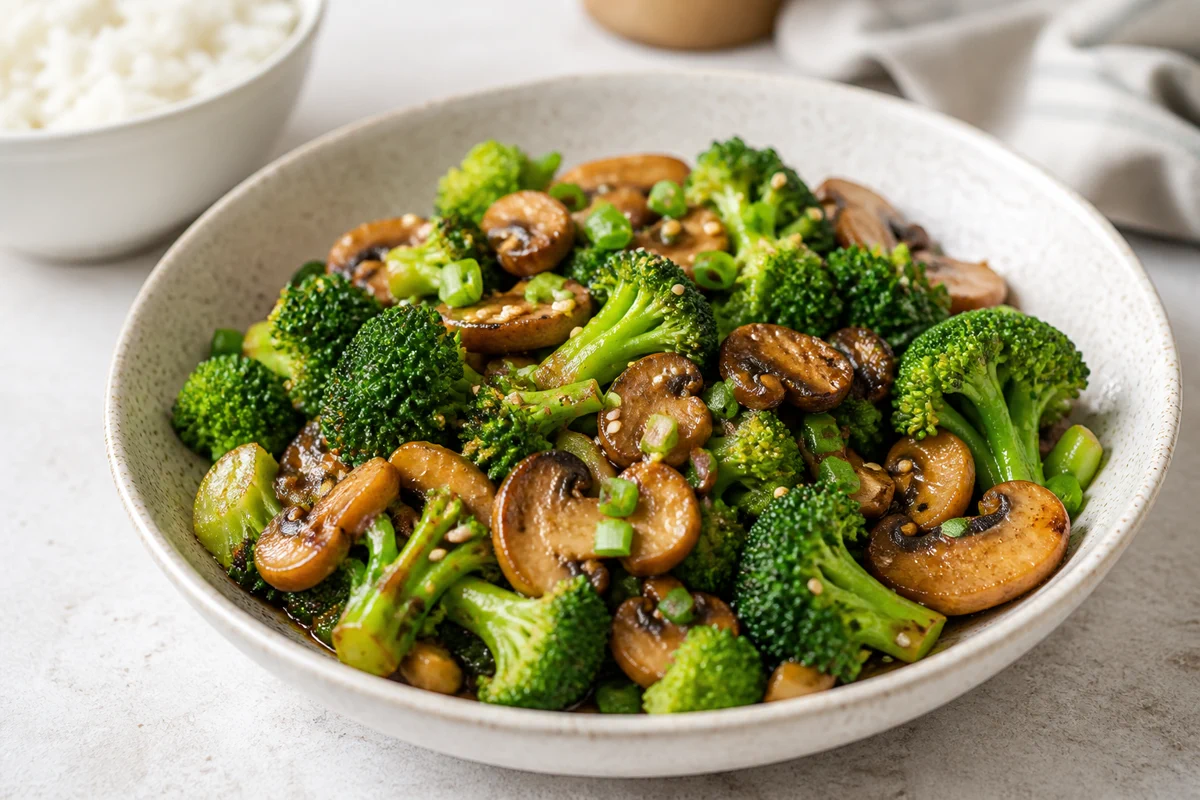 Broccoli mushroom stir-fry with glossy sauce, garlic, and sesame seeds