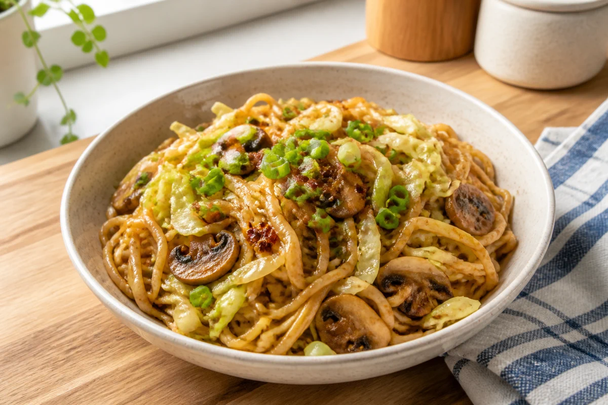 Cabbage mushroom noodles with stir-fried cabbage, mushrooms, green onion, and chili crisp