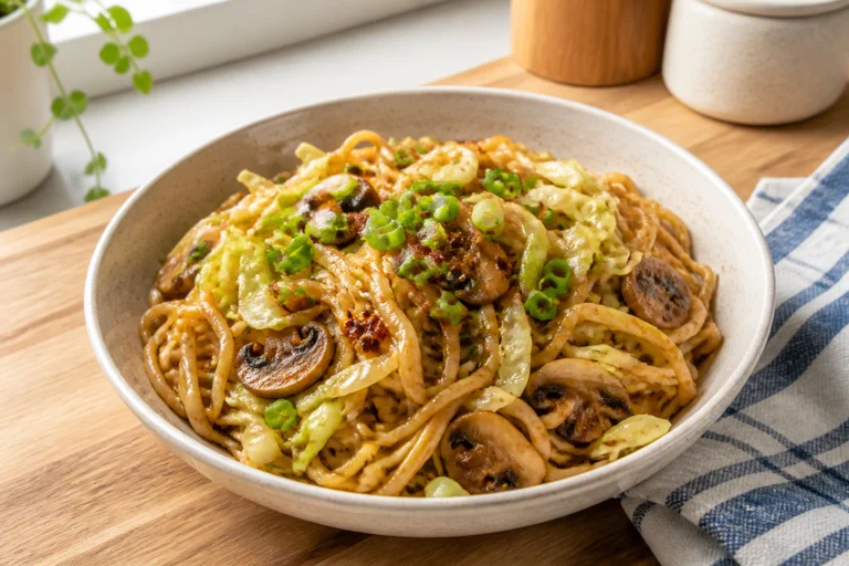 Cabbage mushroom noodles with stir-fried cabbage, mushrooms, green onion, and chili crisp