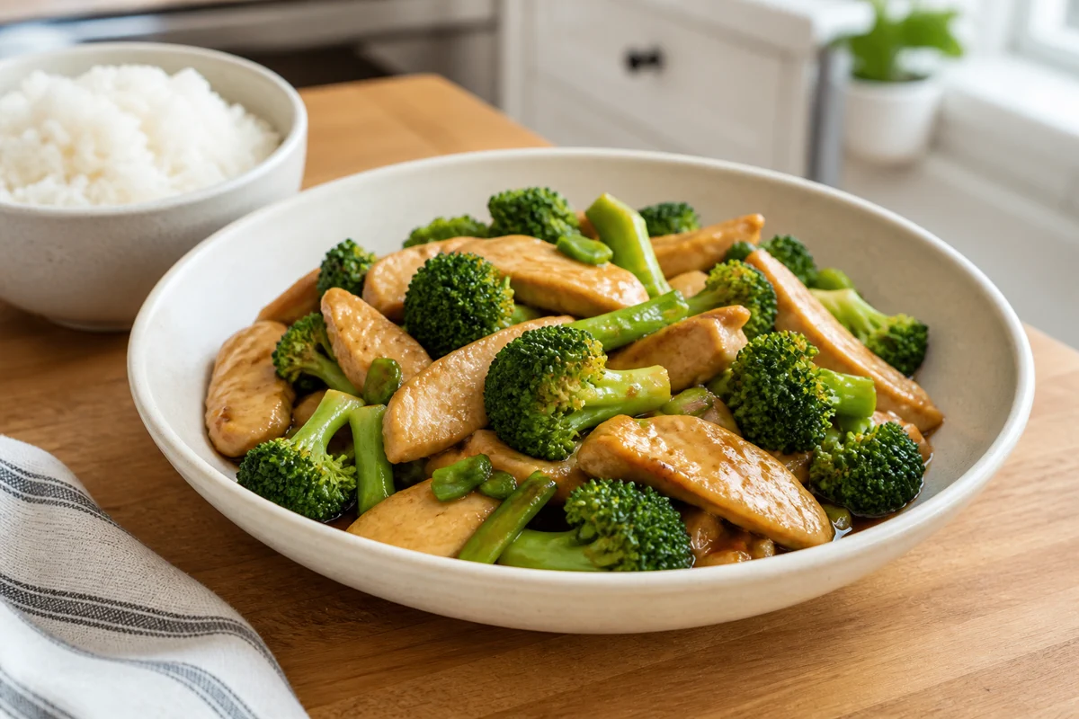 Chicken and broccoli stir-fry with rice in a bright home kitchen