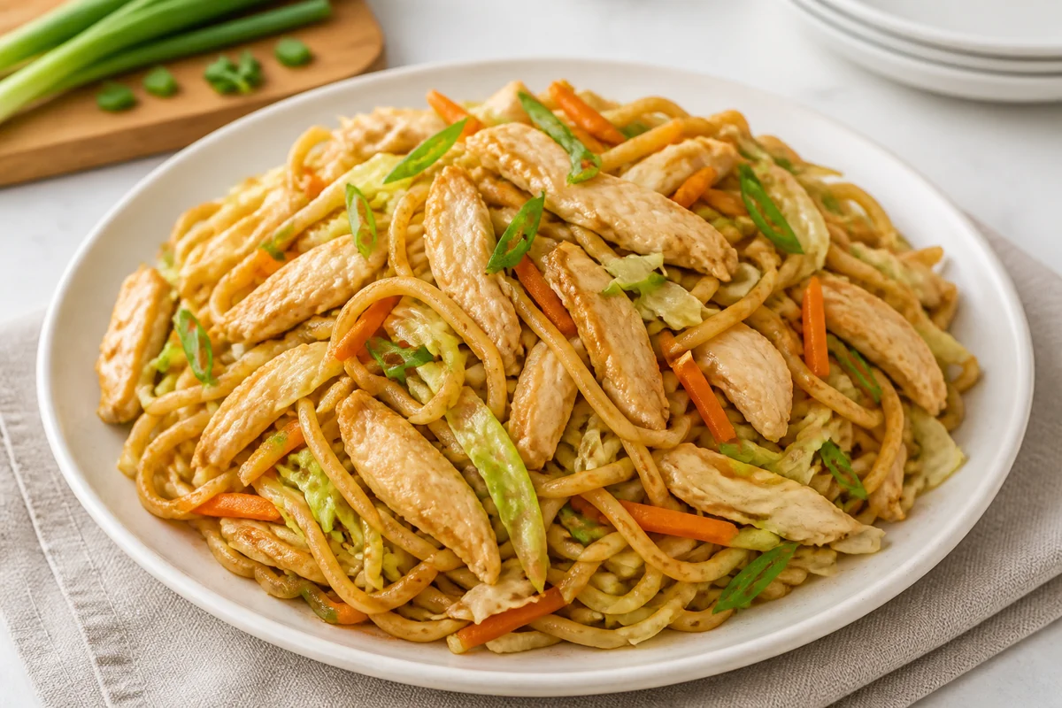 Chicken chow mein with noodles, cabbage, carrot, green onion, and sliced chicken