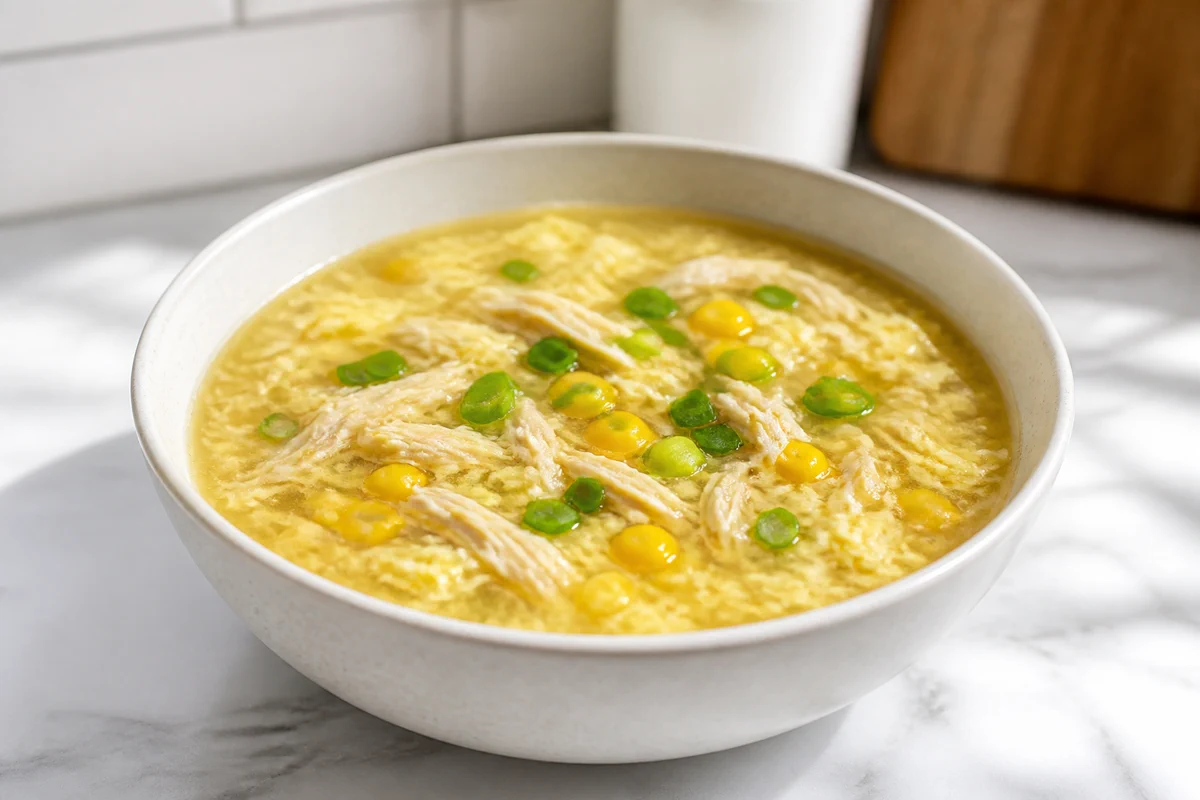 Chicken corn soup with shredded chicken, corn kernels, egg ribbons, and green onion