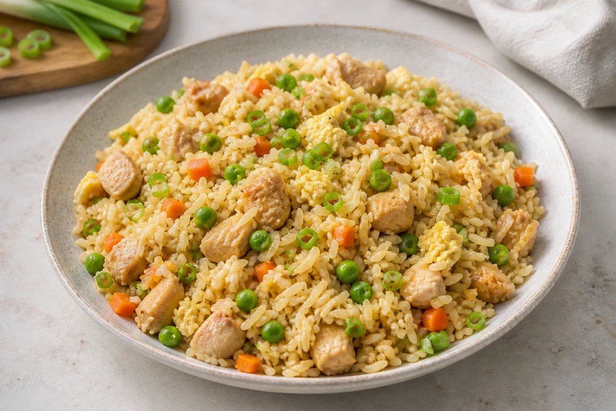 Chicken fried rice with diced chicken, egg, peas, carrot, green onion, and separate rice grains