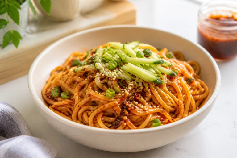 Chili crisp noodles with green onions and sesame in a bowl on a bright home kitchen counter