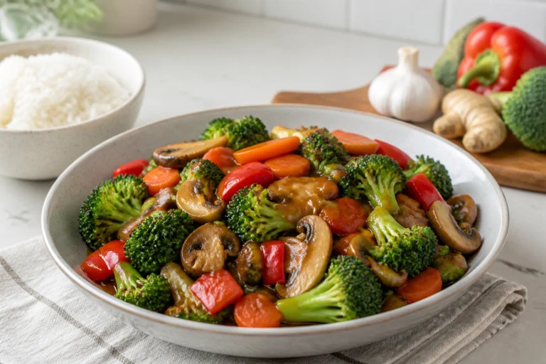 Broccoli, mushrooms, carrots, and bell peppers glazed in Chinese brown sauce over rice