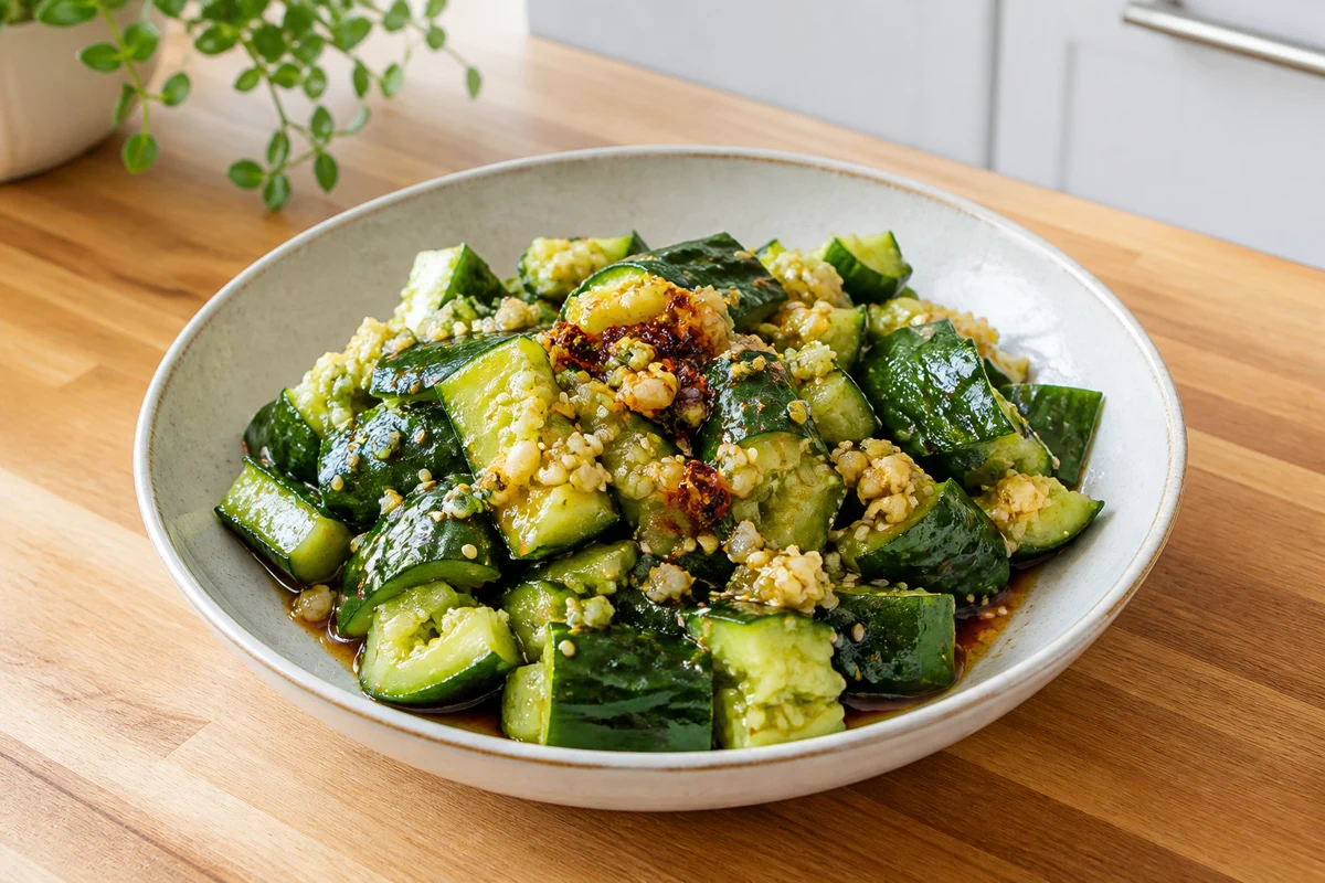 Chinese cucumber salad with garlic, sesame, soy-vinegar dressing, and chili crisp
