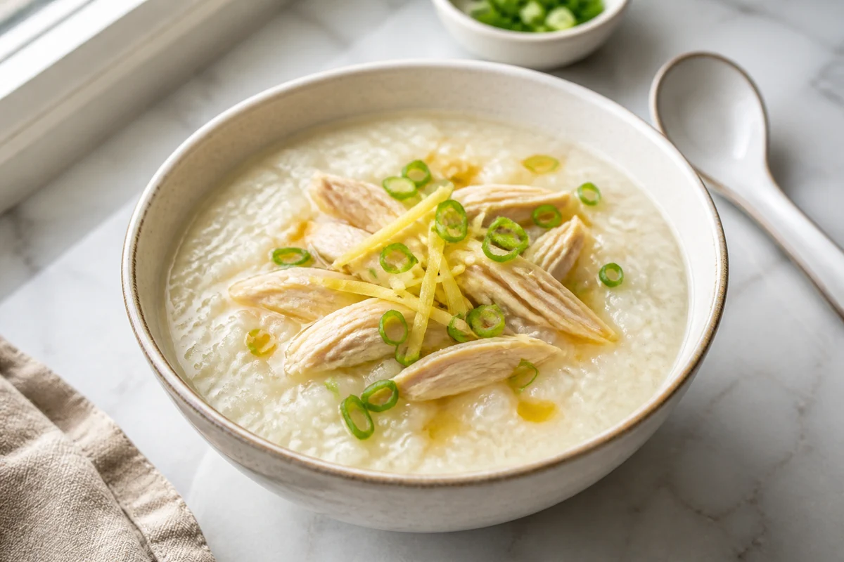 Creamy chicken congee with ginger strips and green onion in a bright home kitchen