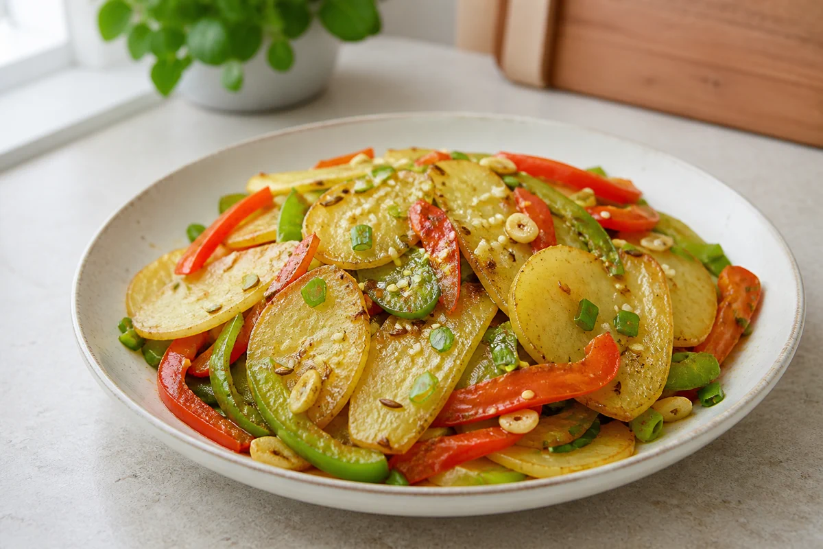 Cumin potato and bell pepper stir-fry with sliced potatoes, red pepper, and green onion