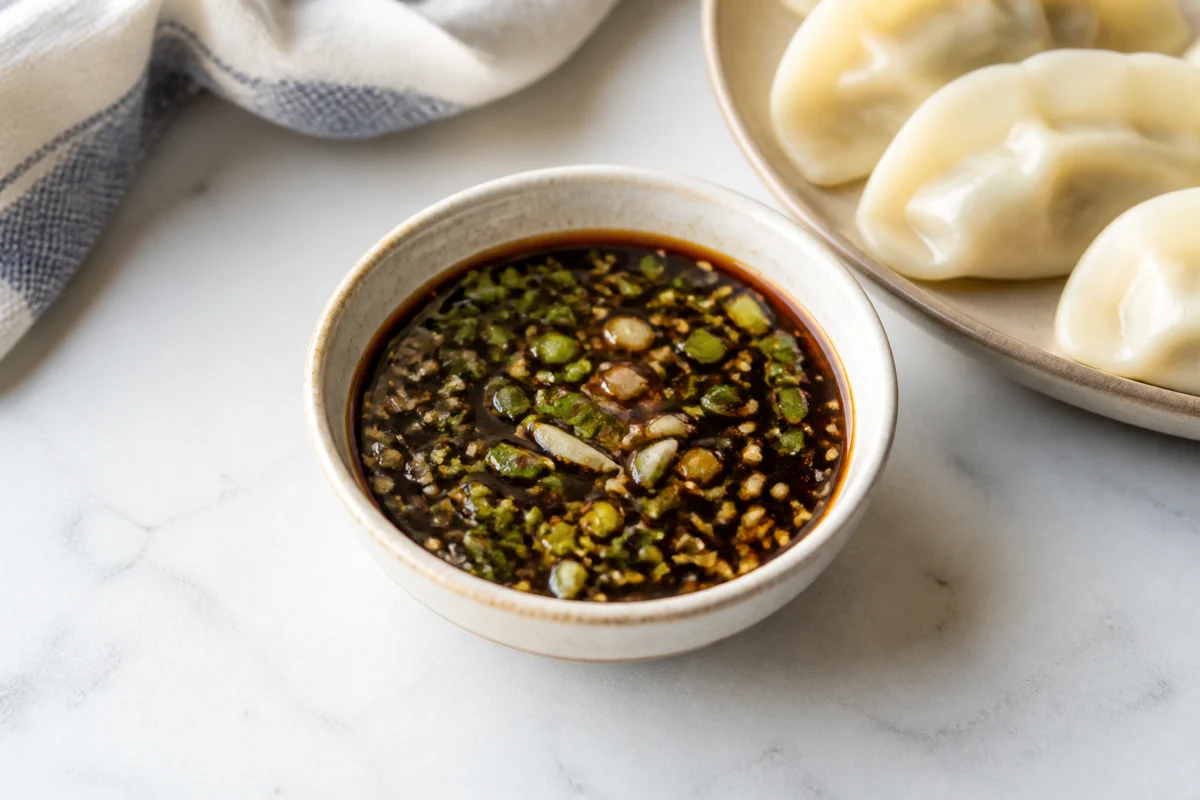 Soy vinegar dumpling dipping sauce with green onion, garlic, sesame, and dumplings nearby