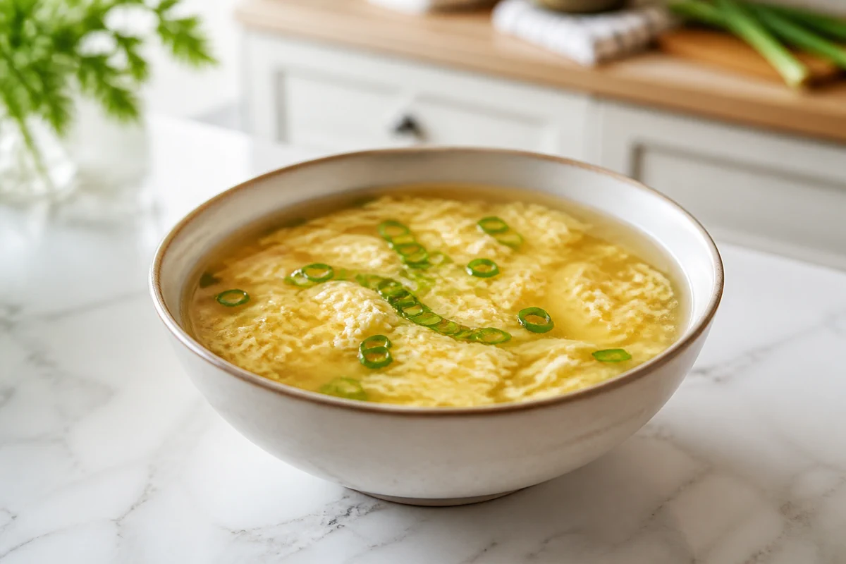 Egg drop soup with golden egg ribbons and green onion in a bright home kitchen