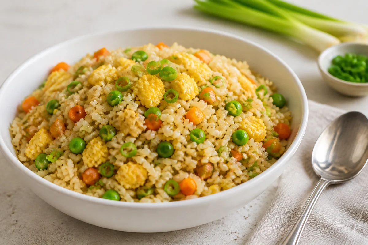 Egg fried rice with green onion, peas, carrot, and fluffy grains in a white bowl