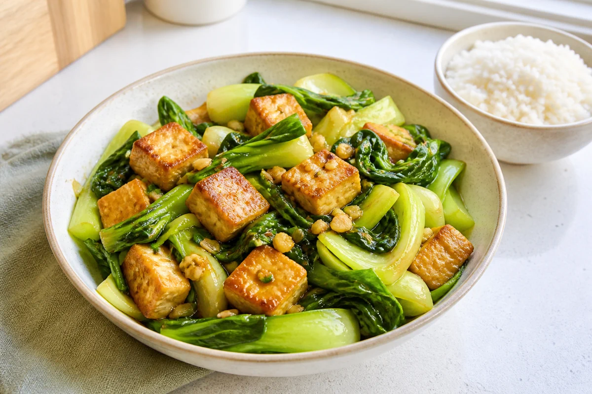 Garlic bok choy tofu stir-fry with browned tofu, green bok choy, and rice