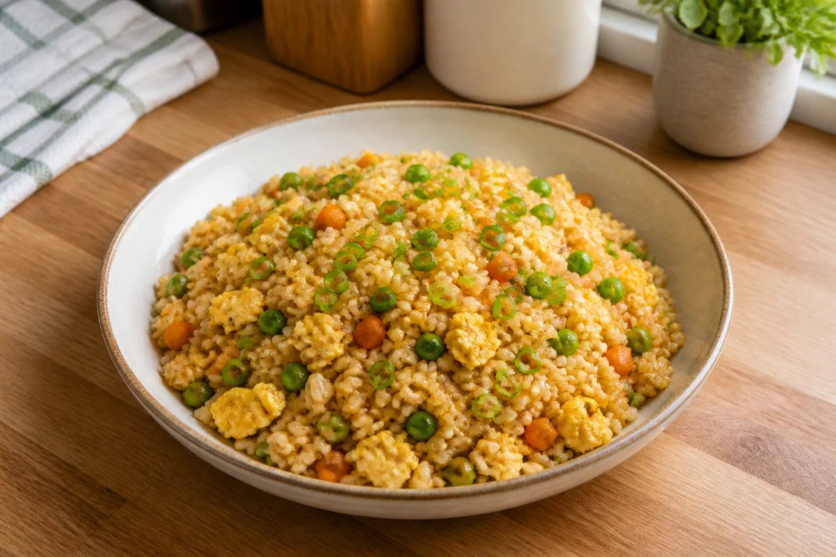 Garlic ginger fried rice with peas, carrot, egg, and green onion