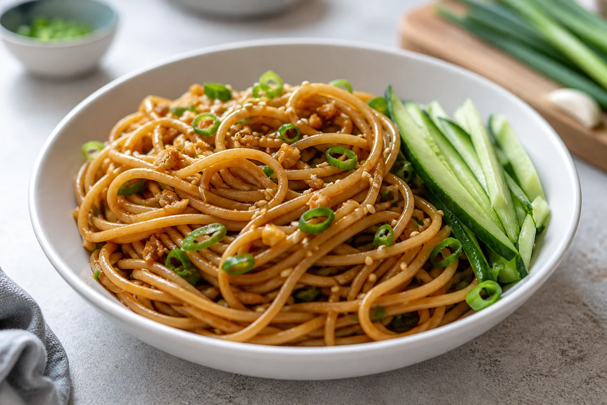 Garlic soy noodles with green onion and sesame seeds in a shallow bowl