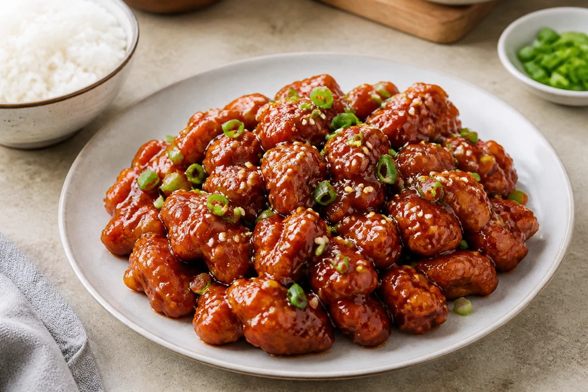 General Tso's chicken with glossy red-brown sauce, green onion, sesame seeds, and rice