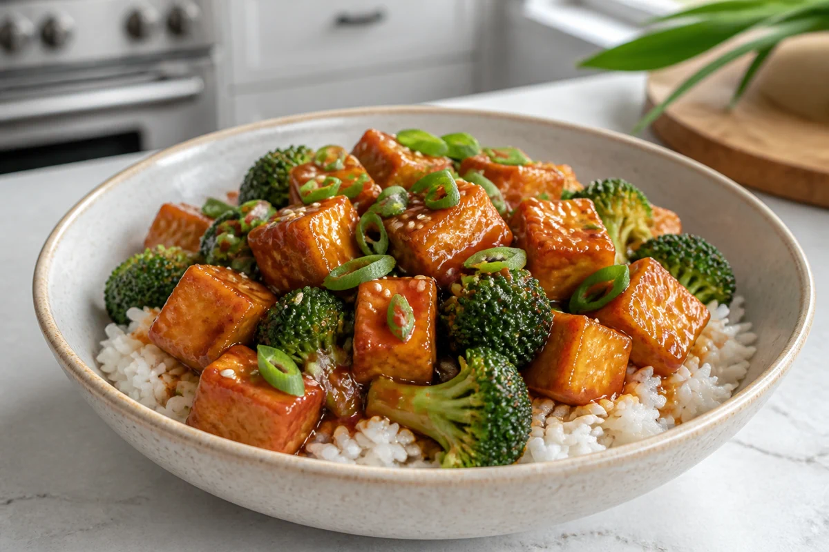 General Tso's tofu with glossy sauce, broccoli, sesame seeds, and green onion over rice