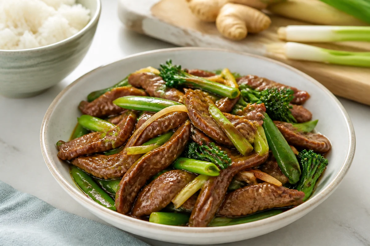 Ginger beef stir-fry with thin beef strips, green vegetables, green onion, and rice