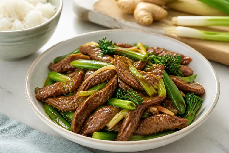 Ginger beef stir-fry with thin beef strips, green vegetables, green onion, and rice