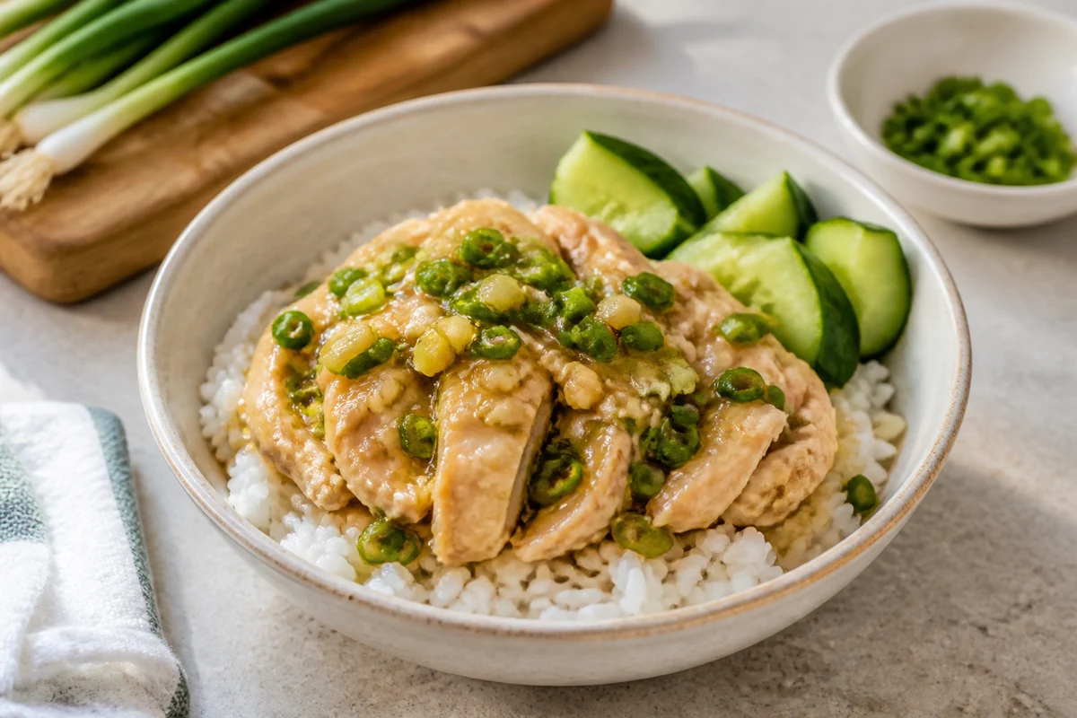 Ginger scallion chicken rice bowl with cucumber and white rice