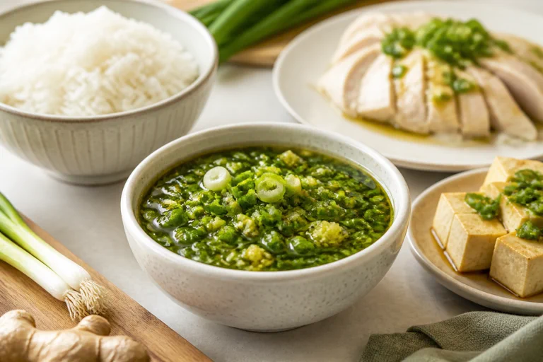 Green ginger scallion sauce in a small bowl with rice, steamed chicken, tofu, and noodles nearby