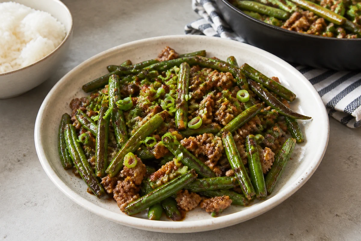 Chinese green beans with ground pork, green onion, and rice