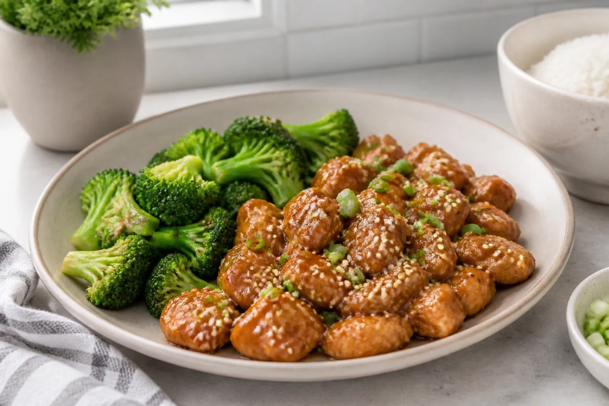 Honey garlic chicken with broccoli, sesame seeds, green onion, and rice