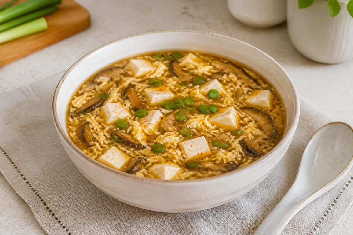 Hot and sour egg drop soup with tofu, mushrooms, egg ribbons, and green onion