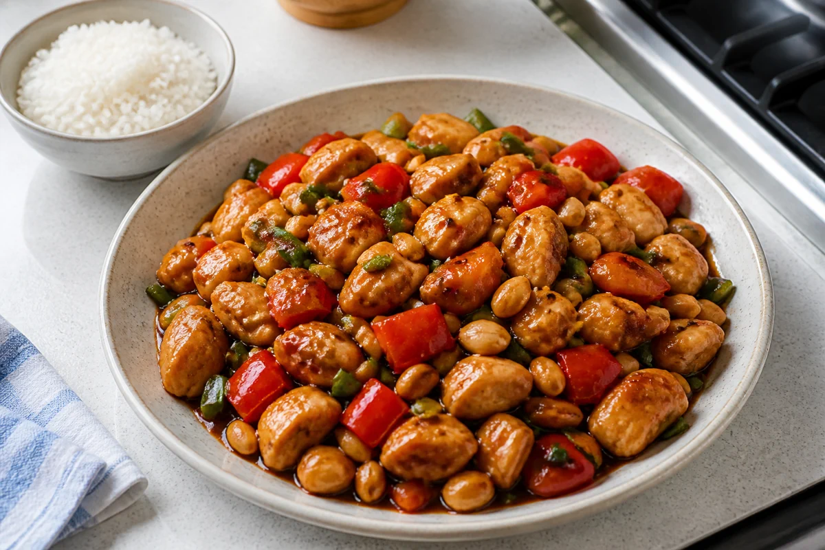 Kung pao chicken with peanuts, bell pepper, green onion, and rice