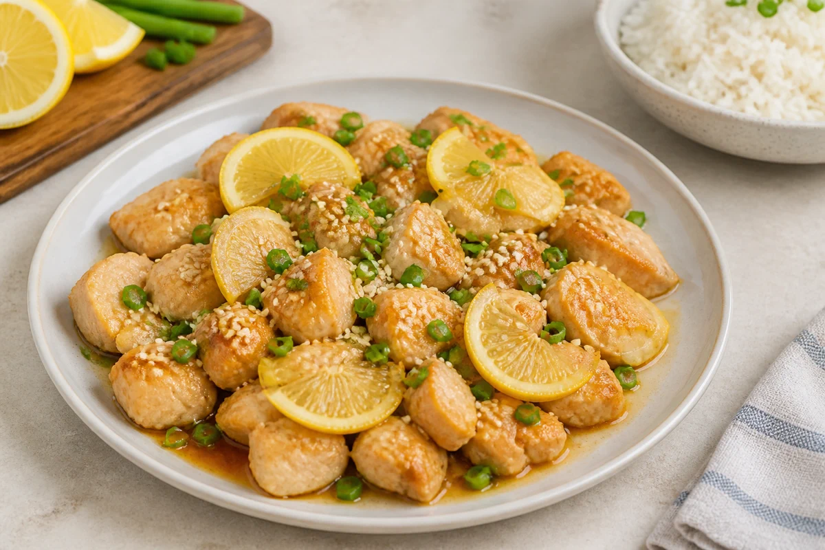 Lemon chicken with golden chicken bites, lemon slices, green onion, sesame seeds, and rice
