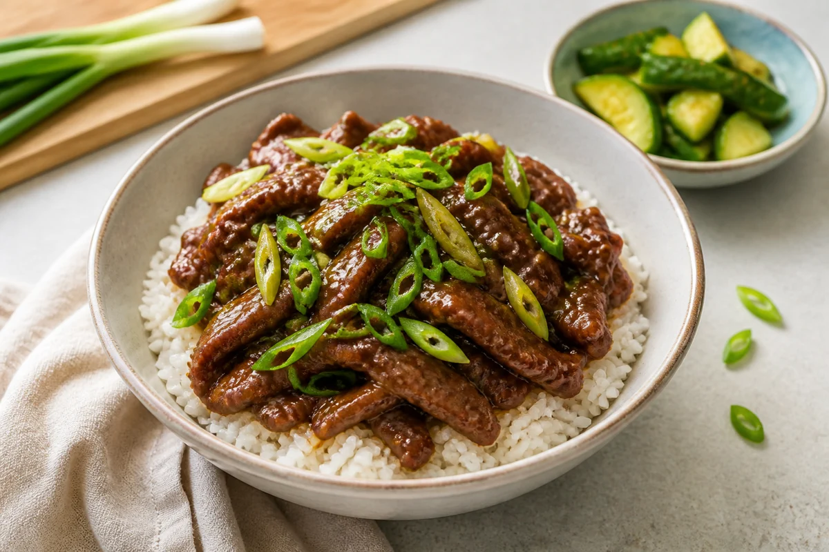 Mongolian beef rice bowls with glossy sliced beef, green onions, and steamed rice