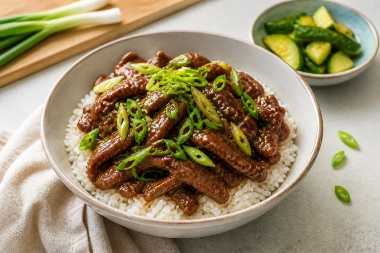 Mongolian beef rice bowls with glossy sliced beef, green onions, and steamed rice