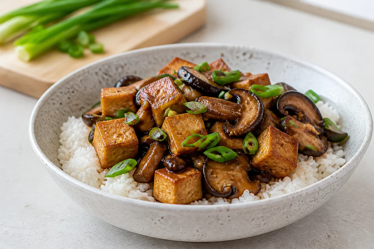 Mushroom tofu rice bowl with browned tofu, glossy mushrooms, and green onion