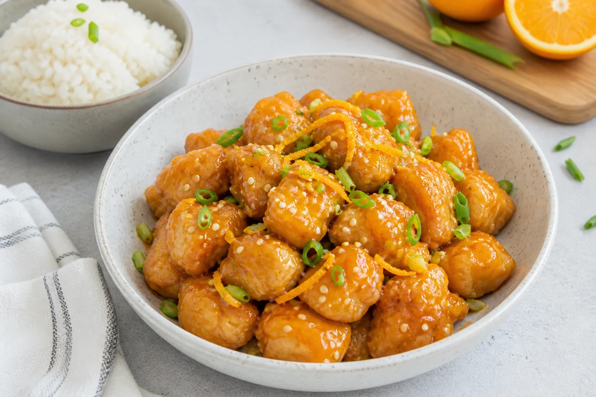 Orange chicken bites with glossy citrus sauce, sesame seeds, green onion, and rice