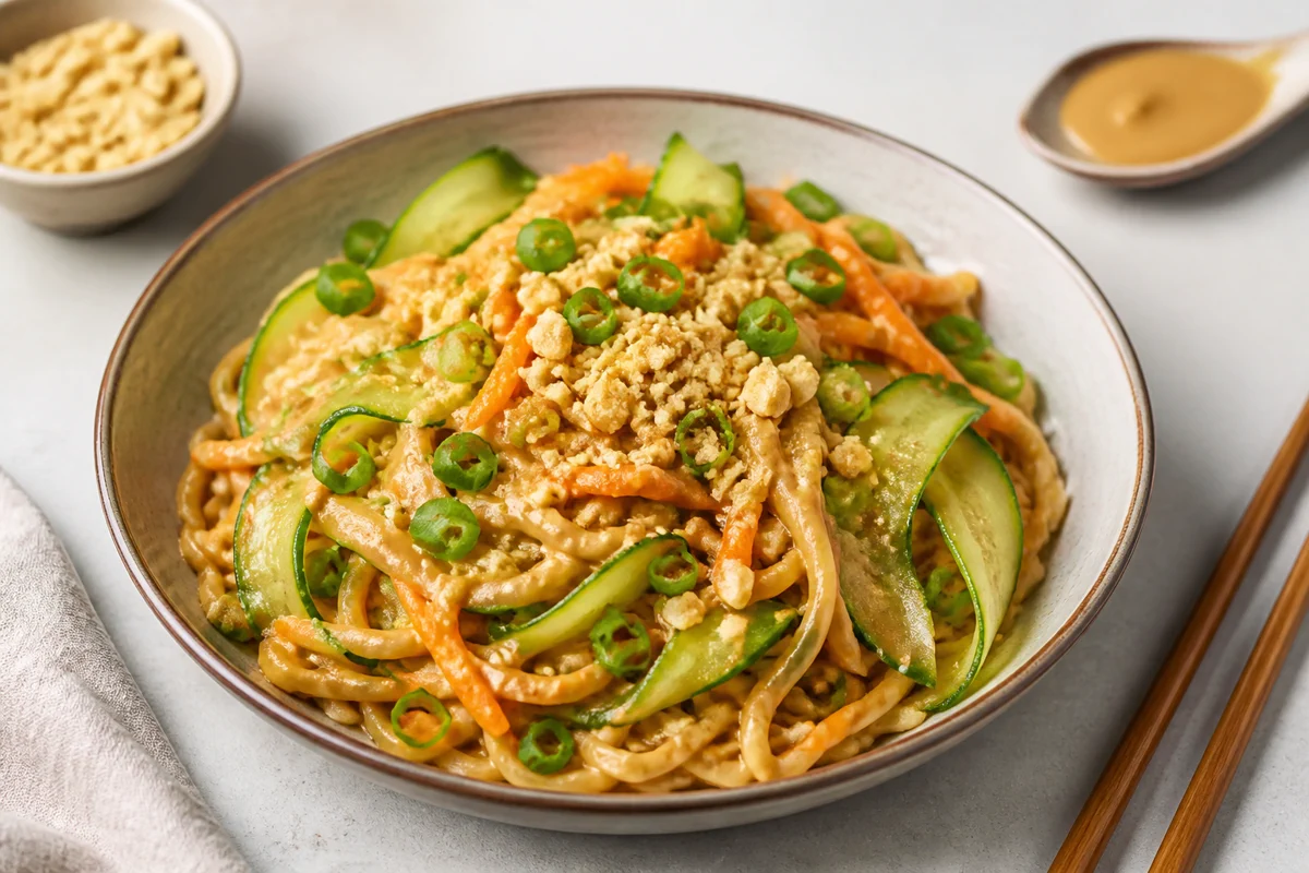 Peanut cucumber noodle bowl with creamy sesame sauce, cucumber ribbons, carrot, green onion, and crushed peanuts