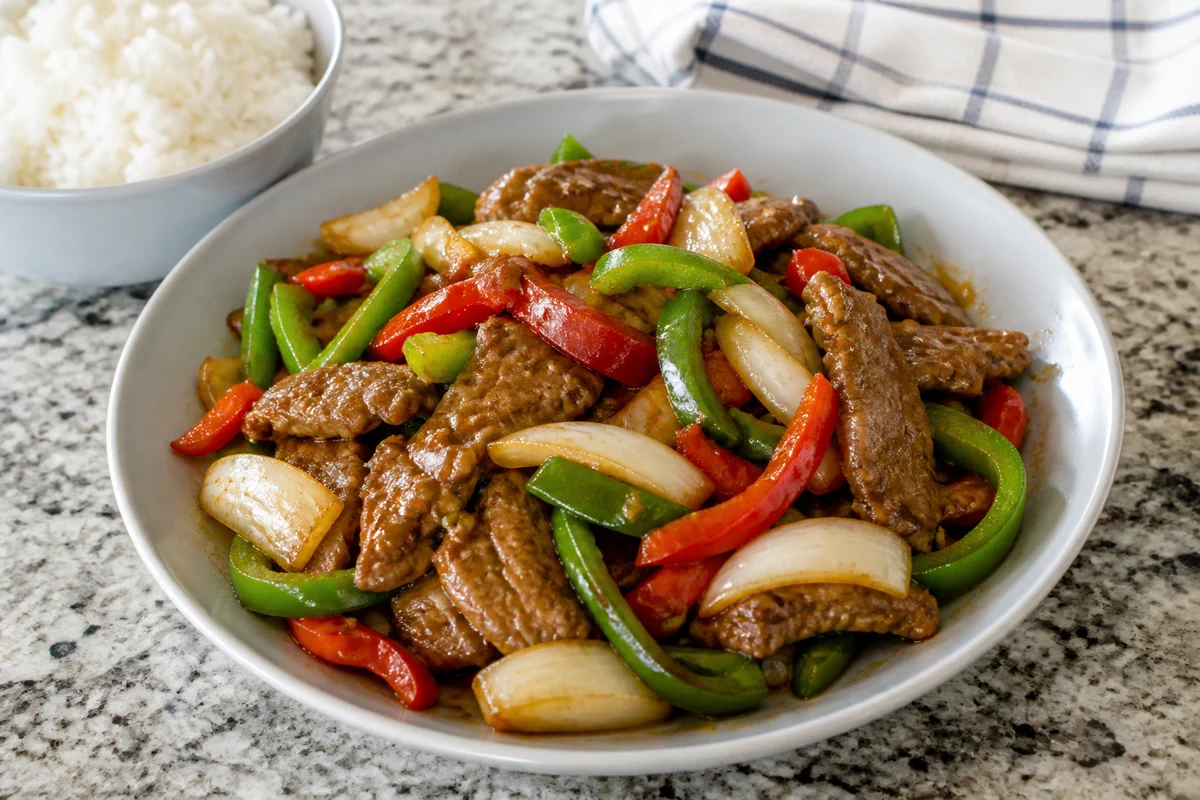 Pepper steak with sliced beef, red and green bell peppers, onion wedges, and rice