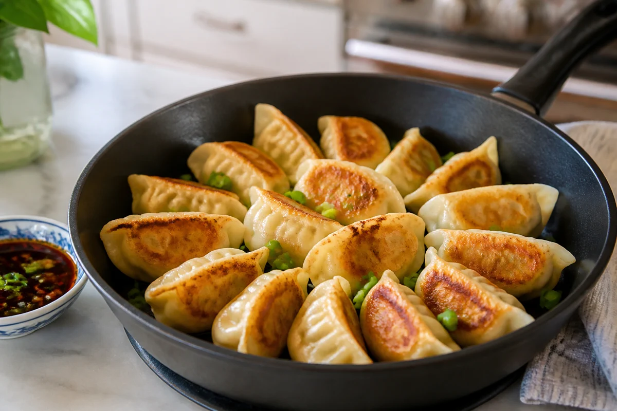 Golden potstickers with crisp bottoms in a skillet on a bright home kitchen counter