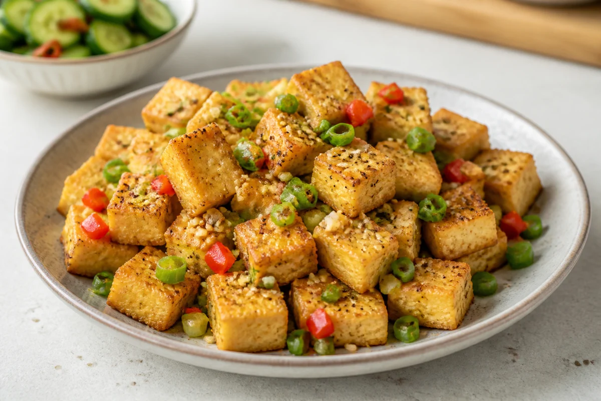 Salt and pepper tofu cubes with green onion, bell pepper, garlic, and sesame seeds
