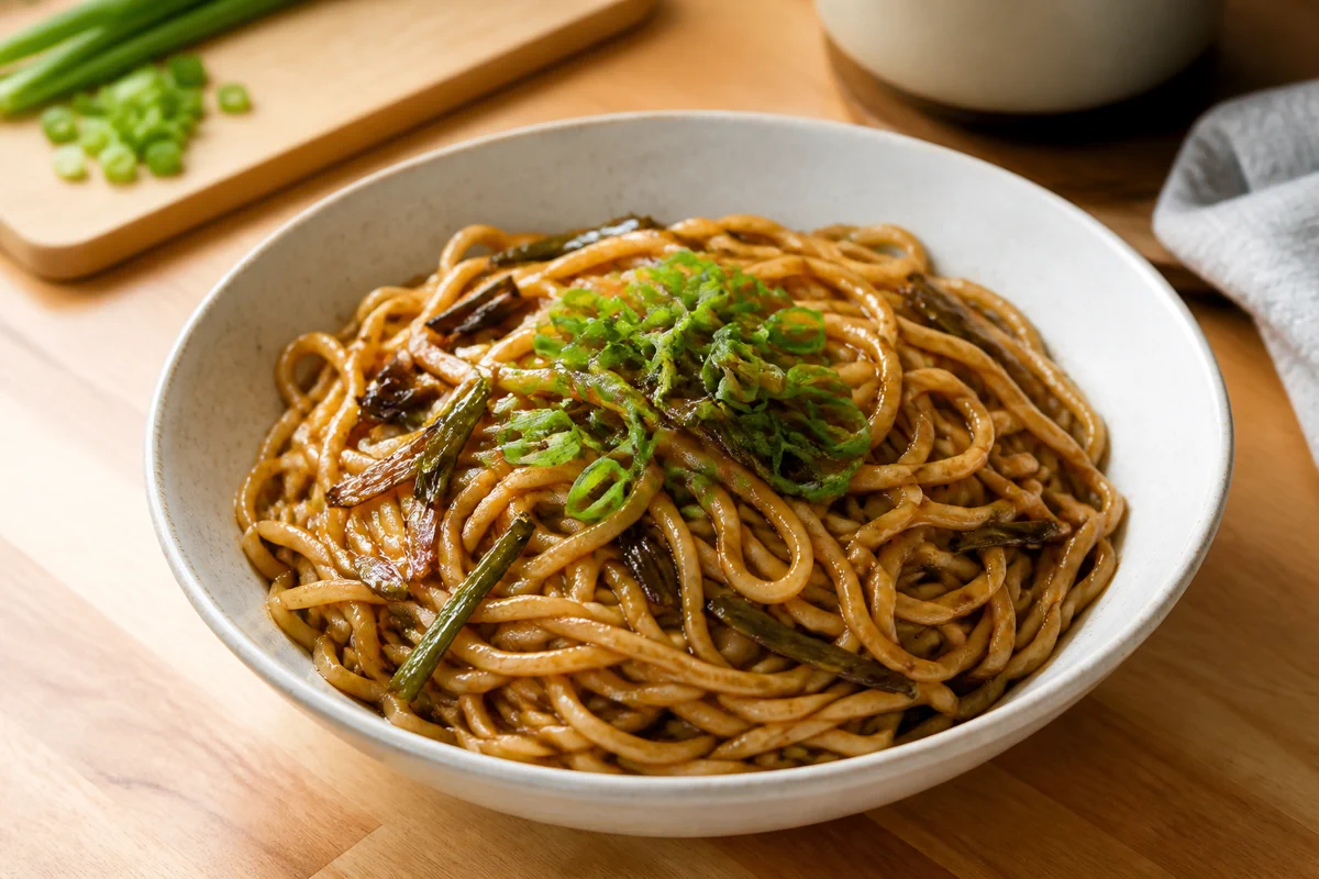 Scallion oil noodles with browned scallions and sliced green onion