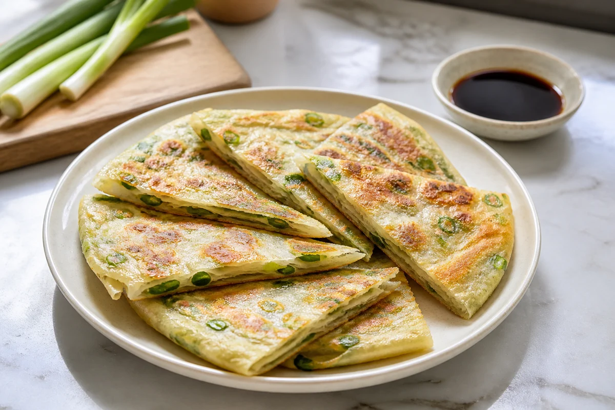 Shortcut scallion pancake wedges with green onion flecks and soy dipping sauce