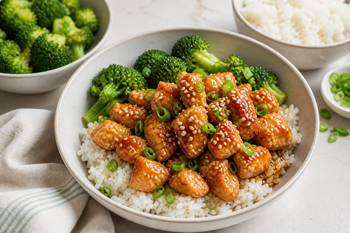 Sesame chicken rice bowls with glossy chicken, broccoli, sesame seeds, and green onion