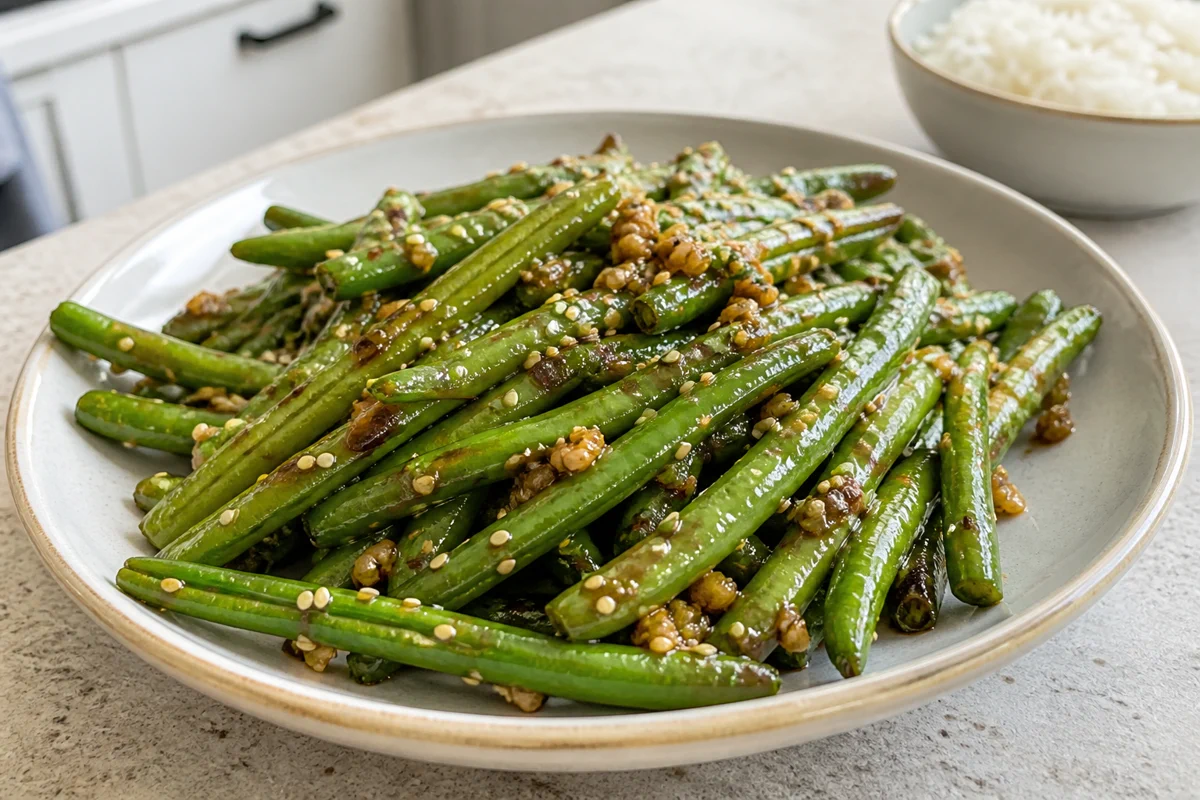 Sesame garlic green beans with garlic, sesame seeds, and glossy soy sauce