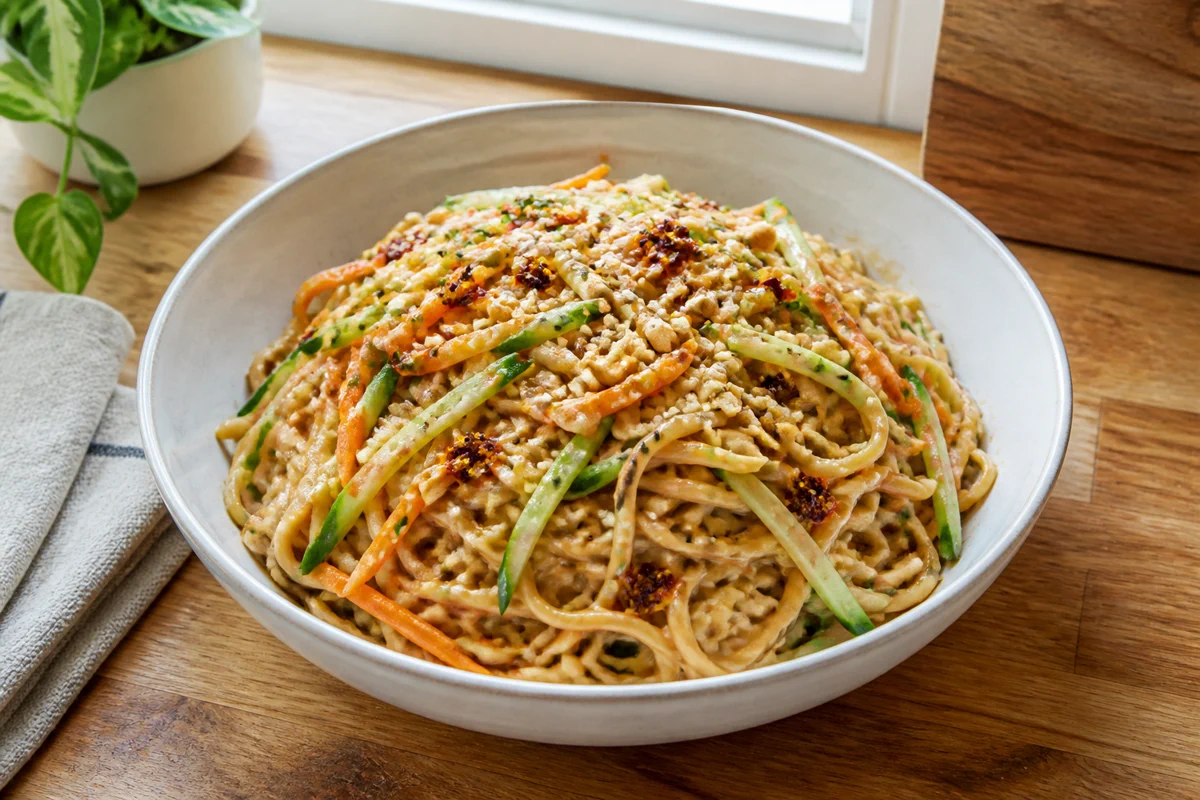 Sesame peanut noodles with cucumber, carrot, peanuts, sesame, and chili crisp