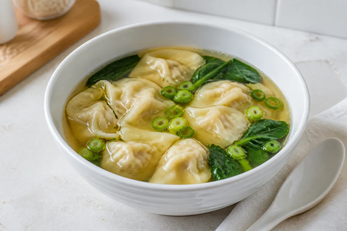 Shortcut wonton soup with green onion, spinach, clear broth, and a spoon