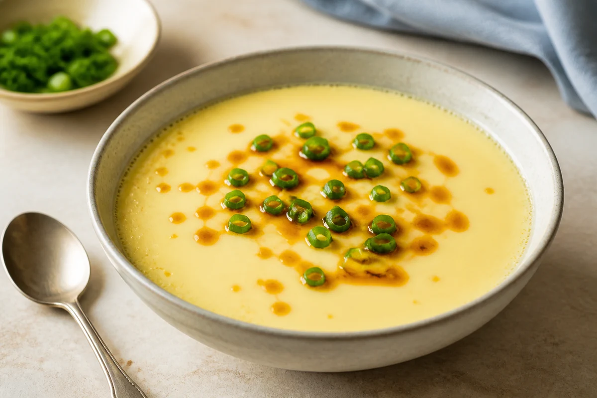 Simple Chinese steamed eggs with soy sauce, sesame oil, and green onion in a ceramic bowl