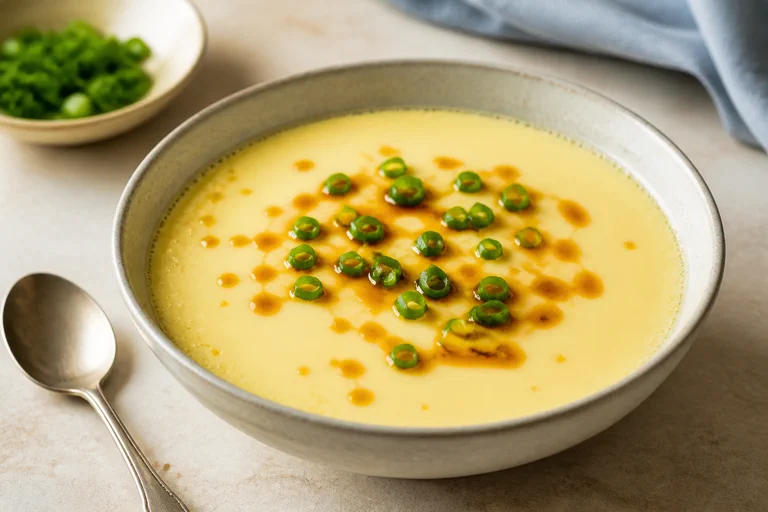 Simple Chinese steamed eggs with soy sauce, sesame oil, and green onion in a ceramic bowl